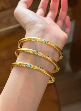 繁花青花琳琅彩沙金手镯镂空仿真黄金色新中式国风轻奢高级感镯子