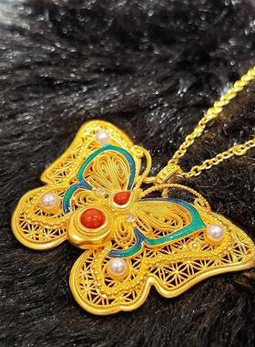 古法沙金玲珑花蝶吊坠项链