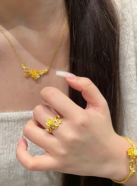 点钻玫瑰花沙金手镯花嫁仿真黄金色婚嫁结婚仿真三金轻奢送女友