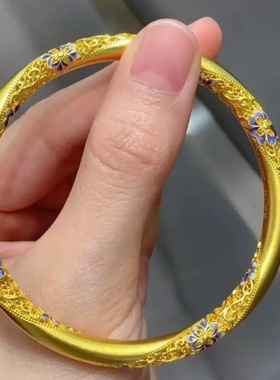 玫瑰花沙金手镯女珐琅彩仿真黄金点钻轻奢设计感高级手环镯子戒指