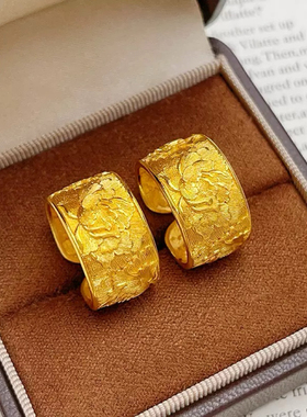 宽版牡丹花沙金戒指仿真黄金复古花朵新中式指环婚嫁首饰结婚五金