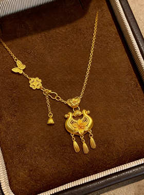 百花锁骨沙金吊坠仿真黄金如意锁项链轻奢高级感2026新款锁骨链女