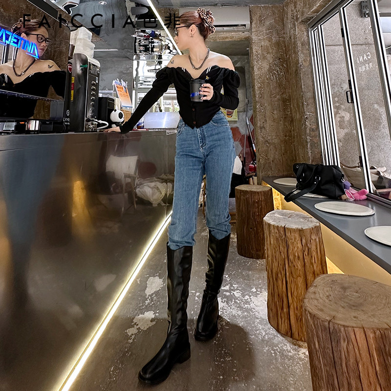 色非V口骑士靴女靴子新款显瘦简约百搭长筒靴黑色瘦瘦靴,淘宝优惠券,粉丝福利购,淘宝优惠卷