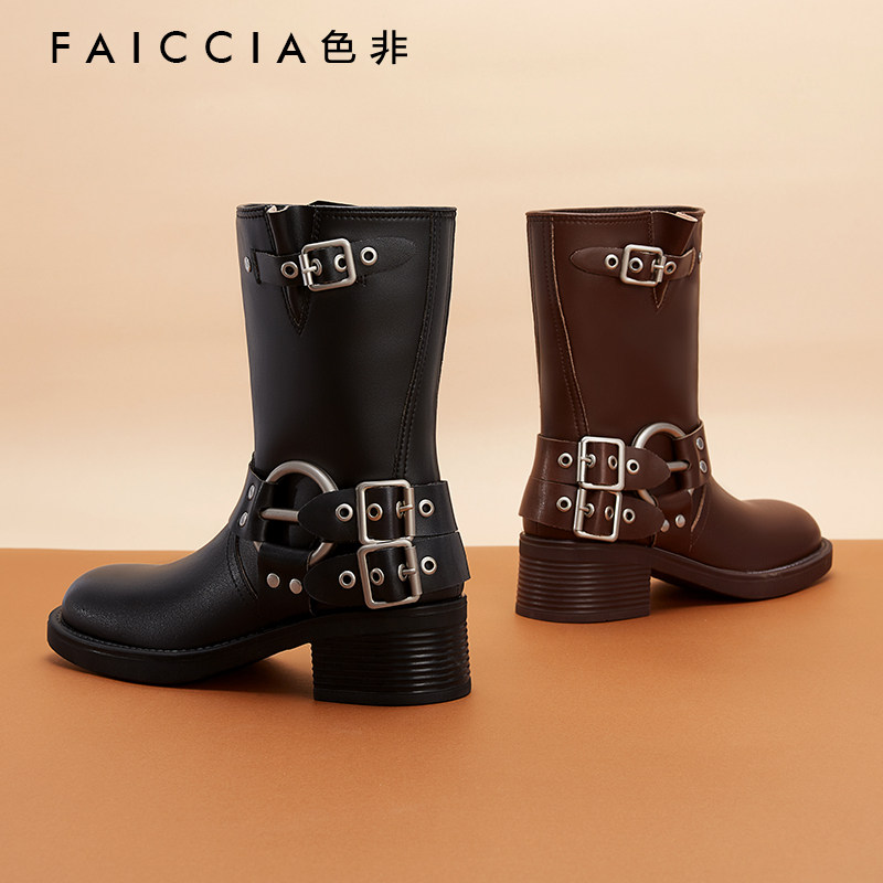 色非个性中筒骑士靴女2023秋冬季新款西部牛仔靴复古设计感机车靴,淘宝优惠券,粉丝福利购,淘宝优惠卷