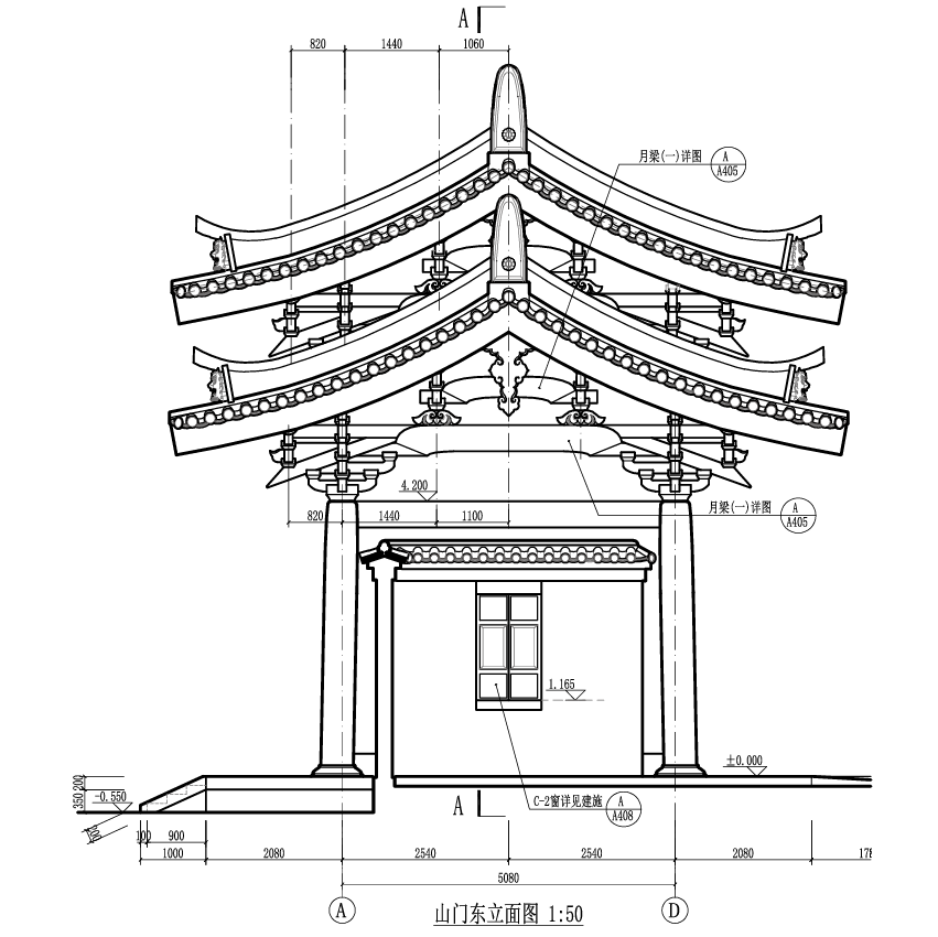 寺庙山门及围墙施工图CAD电子版 云翔寺斗拱悬山顶混凝土仿古建筑 - 图3