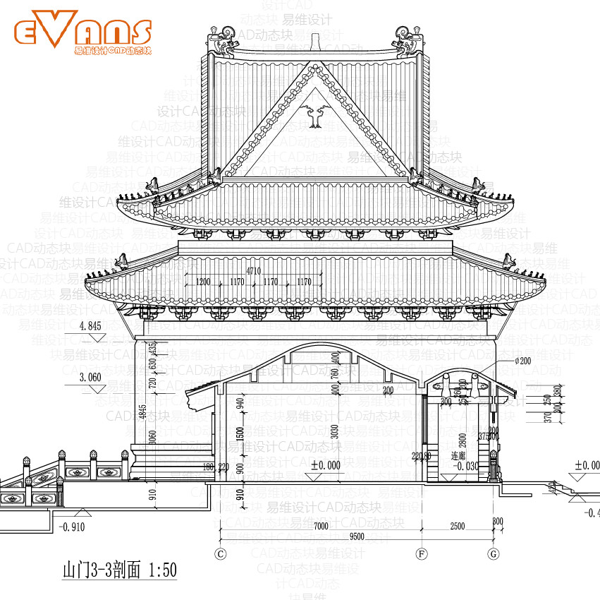 普陀寺山门建筑图CAD电子版 斗拱重檐歇山顶大殿两侧设攒尖观景楼 - 图0