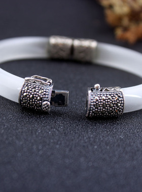 纯银白蓝百搭女款古典风优美手镯