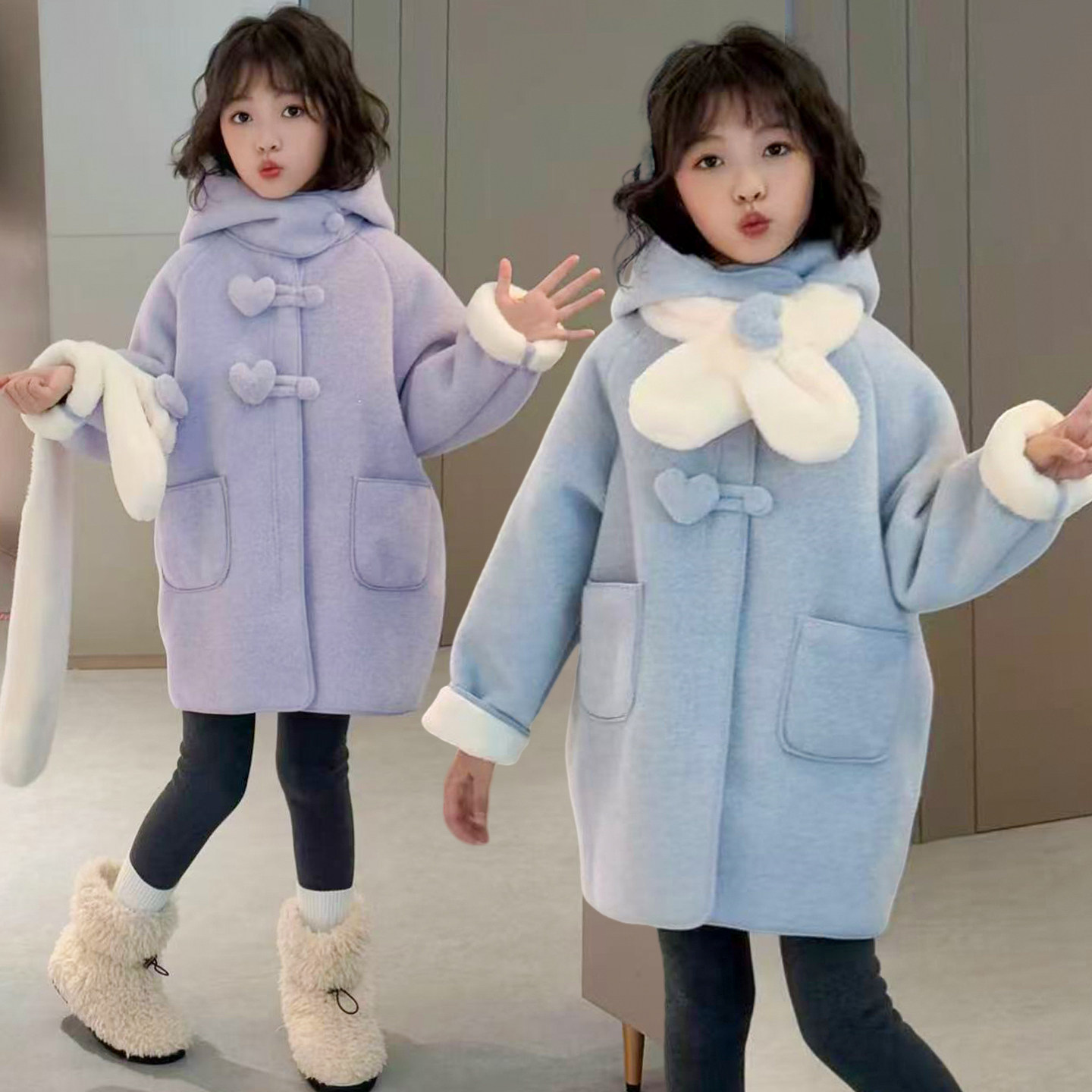 女童毛呢大衣女2025新款加厚中长款时尚高端韩版洋气冬季围巾外套,淘宝优惠券,粉丝福利购,淘宝优惠卷