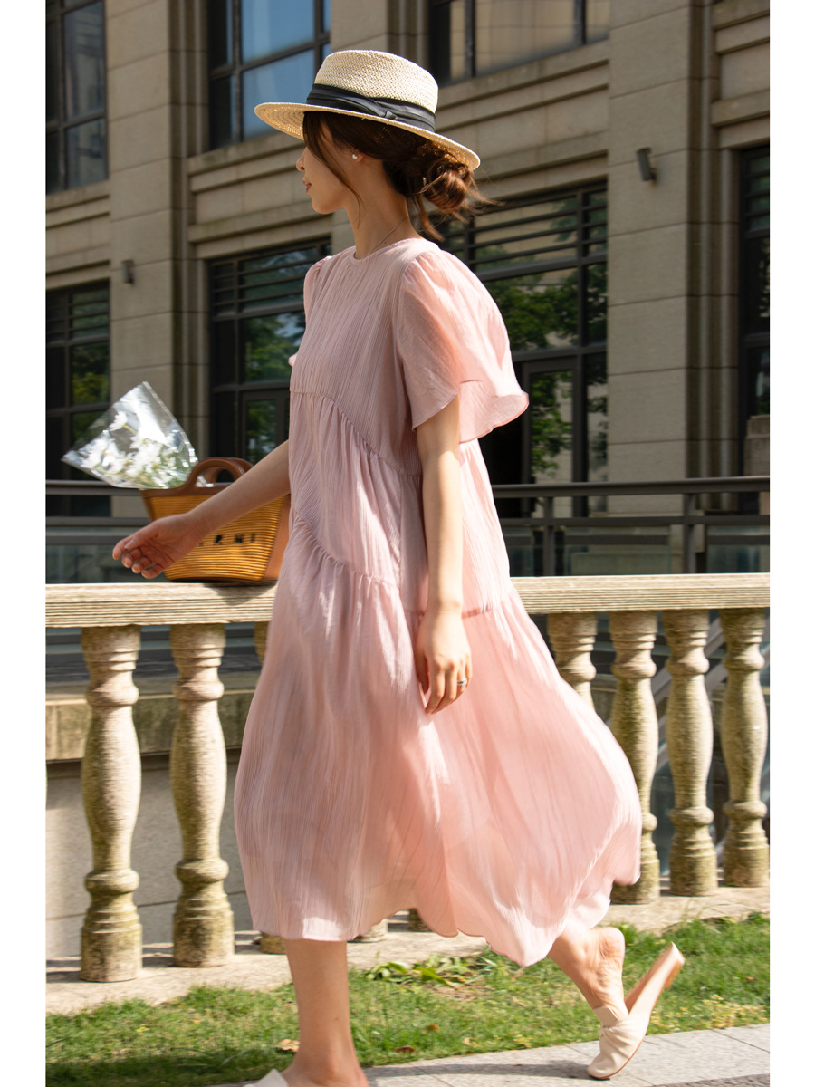 [ChatonDesign] 2023ss后背纽扣法式长裙 圆领短袖甜美两件套裙子 - 图0