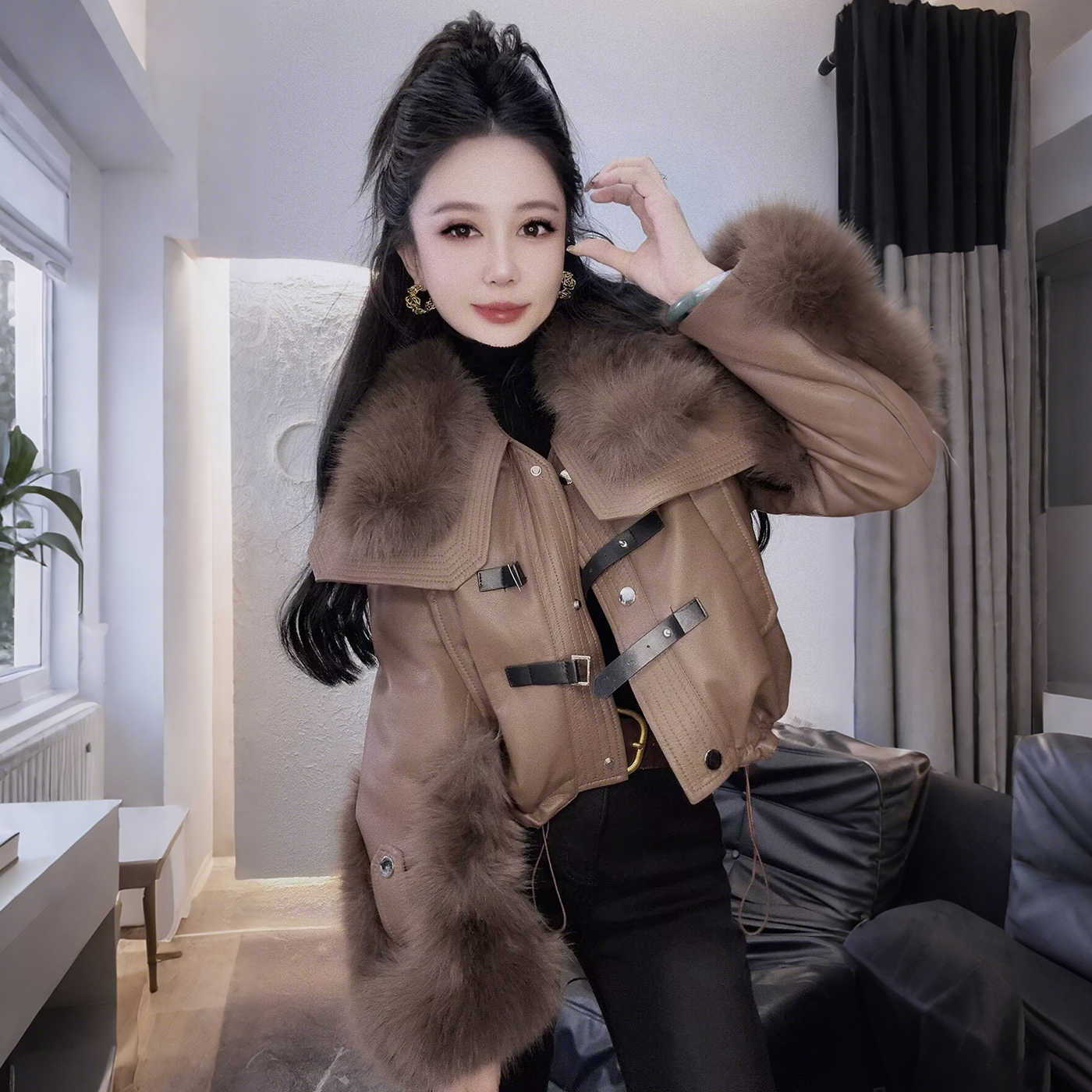 时尚洋气大毛领羽绒服女PU皮短款外套2025冬季新款加厚保暖派克服,淘宝优惠券,粉丝福利购,淘宝优惠卷