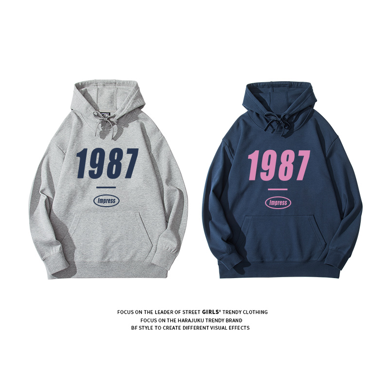 港风复古灰色数字连帽秋冬宽松卫衣 jktee卫衣/绒衫