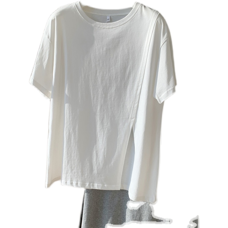 纯色短袖T恤女夏2023设计感小众个性开叉不规则白色体恤圆领上衣