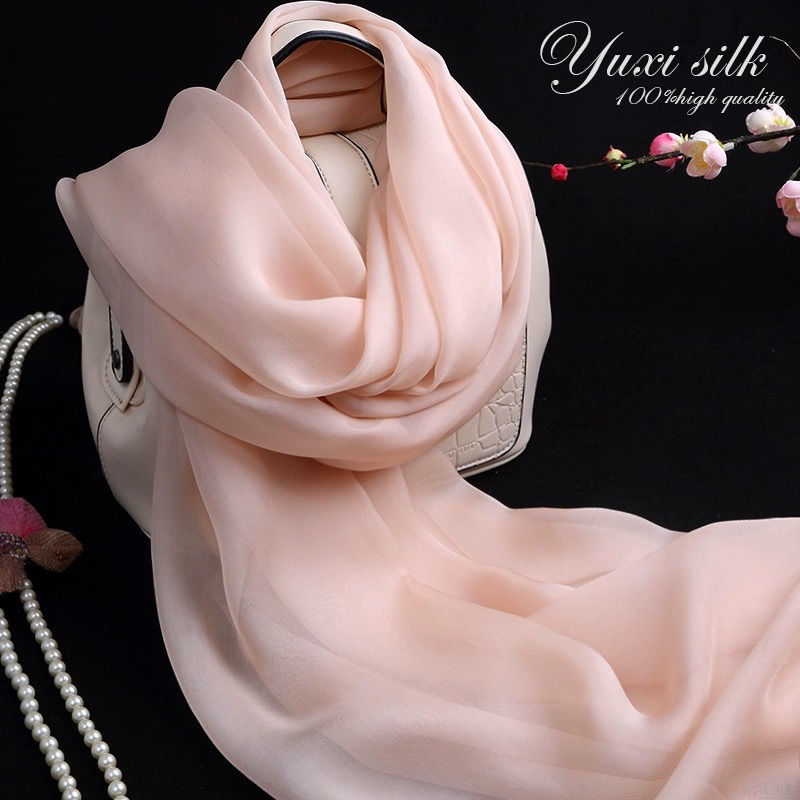 皮粉色纯色桑蚕丝长款真丝丝巾披肩女纱巾春秋冬夏季丝绸围巾超长