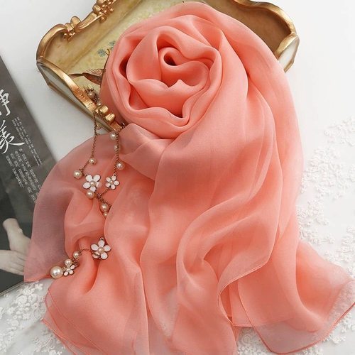 橘黄色爆款纯色围巾女士桑蚕丝巾披肩长款薄款纱巾春秋冬季素色单 - 图3