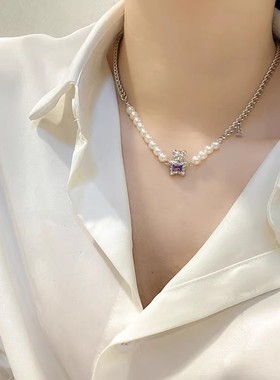小熊吊坠网红精致气质珍珠项链女