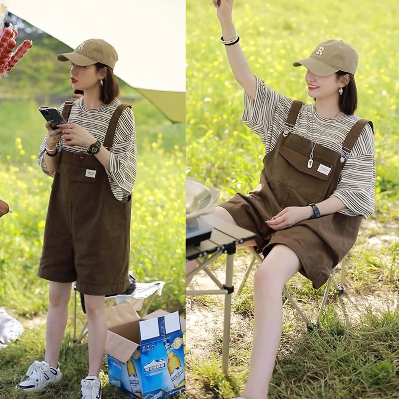 网红炸街休闲背带裤女夏季薄款宽松显瘦短裤洋气减龄工装连体裤潮-图0