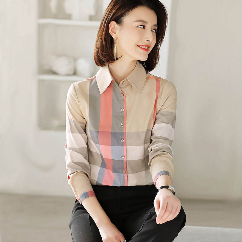 微胖重要场合阔太太洋气高贵气质女士上衣 卡其色英伦风格子衬衫,淘宝优惠券,粉丝福利购,淘宝优惠卷
