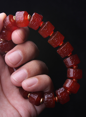 天然红玛瑙手链雕刻回纹珠盘珠桶珠手串男女款把玩件佛珠水晶饰品