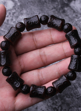 天然老玛瑙手链雕刻竹节回纹珠手串男女款把玩件水晶单圈佛珠饰品