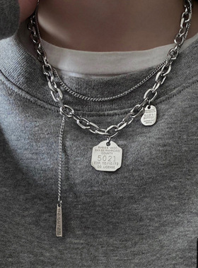 欧美爆款ins嘻哈5021字母数字钛钢吊坠项链女双层朋克潮牌项饰男