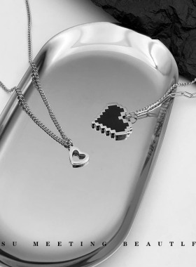 ins欧美轻奢黑色马赛克爱心双层钛钢项链男女叠戴风时尚甜酷配饰