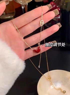 钛钢不掉色新年红滴油桃心流苏项链女配饰感简约气质锁骨链
