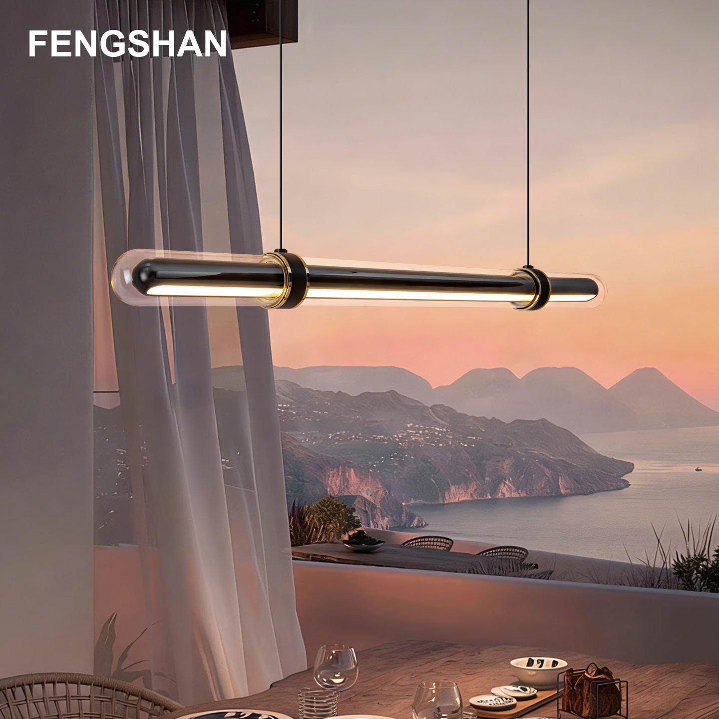 意式轻奢时光隧道餐厅吊灯现代茶室简约岛台吧台餐桌高端一字长条