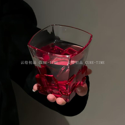 红色冰块玻璃杯小众设计轻奢高档喝水杯高级感威士忌酒杯洋酒杯 - 图3