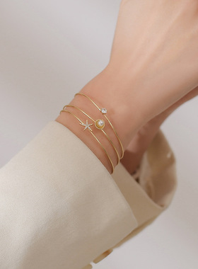 新款时尚镀黄金手镯小众设计简约珍珠星星镯子闺蜜手链个性手环
