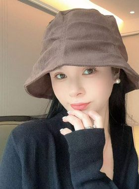 复古褶皱渔夫帽女秋冬百搭水桶帽