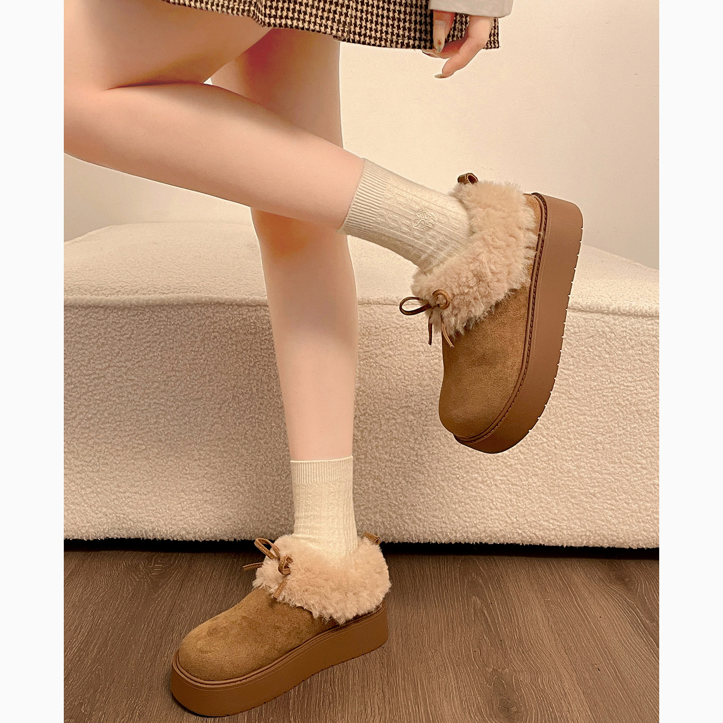 林北北加绒保暖厚底雪地棉鞋女冬增高外穿防滑全包毛毛勃肯鞋子,淘宝优惠券,粉丝福利购,淘宝优惠卷