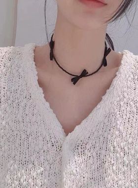 缎带蝴蝶结珍珠锁骨链串珠项链