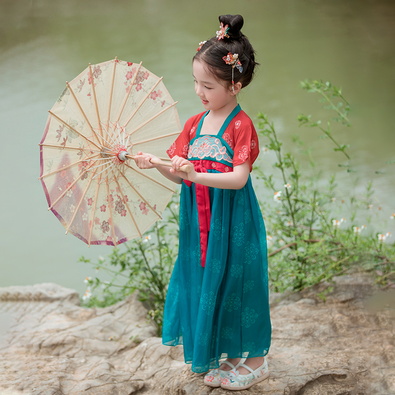 汉服女童夏装儿童高端超仙古装连衣裙中国风唐装小女孩古筝表演服 - 图0