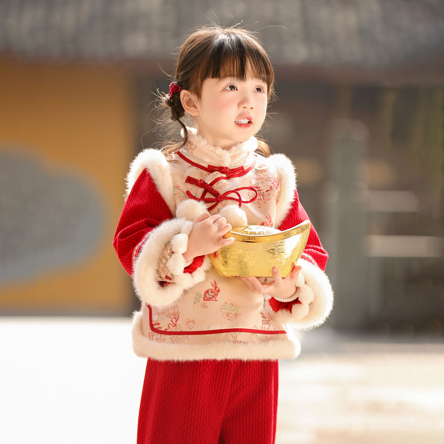 汉服女童2025冬款儿童新中式国风仙气红色加绒裤子喜庆拜年服套装,淘宝优惠券,粉丝福利购,淘宝优惠卷