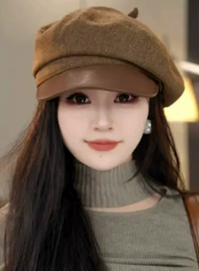 复古皮檐八角帽女美拉德贝雷帽