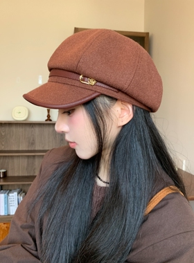 日系复古文艺风黑色鸭舌贝雷帽女休闲百搭气质显脸小八角云朵帽子