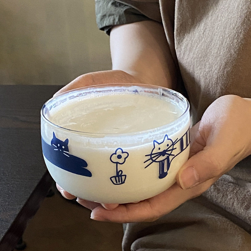 小众韩ins有趣可爱线条猫咪玻璃碗 耐高温卡通高硼硅水果碗酸奶碗