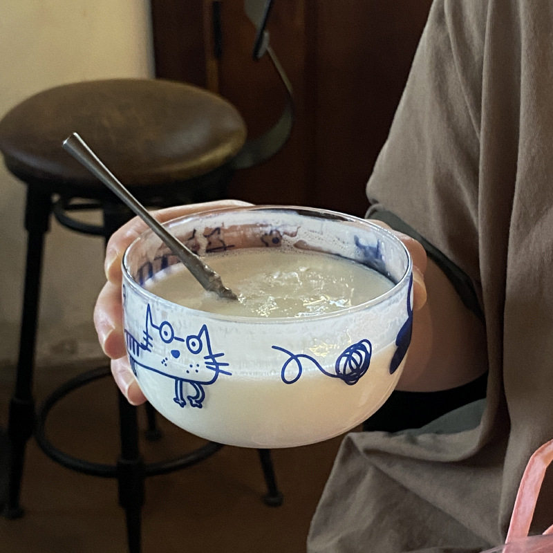 小众韩ins有趣可爱线条猫咪玻璃碗 耐高温卡通高硼硅水果碗酸奶碗