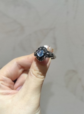 2025新品扭结款钛钢托纯天然魔鬼海蓝宝指环开口可调节戒指饰品