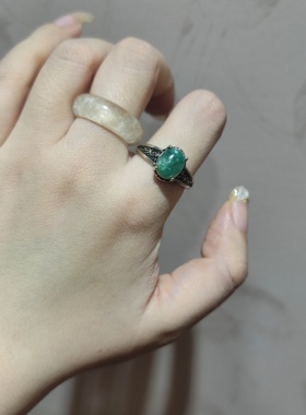 2025新品复古钛钢托绿祖母纯天然指环开口可调节戒指饰品