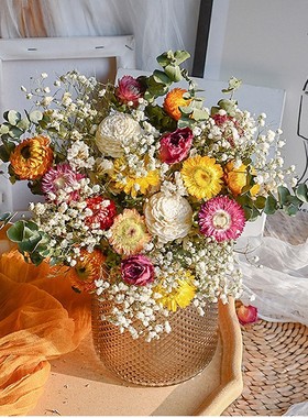 喜庆真花干花花束大束满天星永久装饰摆件家居客厅插花玫瑰永生