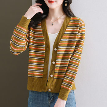 ເສື້ອຢືດ cardigan striped sweater ຂອງແມ່ຍິງສັ້ນ knitted jacket ພາກຮຽນ spring ແລະດູໃບໄມ້ລົ່ນ 2024 ພາກຮຽນ spring ຮູບແບບໃຫມ່ຂອງຕ່າງປະເທດຮູບແບບນອກສໍາລັບຄົນພຽງເລັກນ້ອຍ