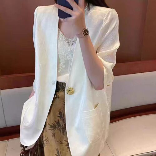 高档气质西装外套女七分袖2026春夏季薄款新中式缎面小个子西服女 - 图0