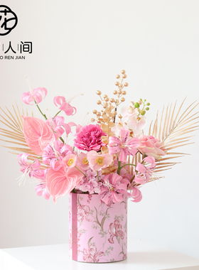 高品质粉色仿真花抱抱桶免插花年宵花桶新年家居装饰拍橱窗摆件花