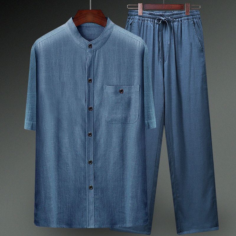 高版父亲节爸爸夏装中年男短袖T恤套装夏季纯色中老年男装亚麻唐,淘宝优惠券,粉丝福利购,淘宝优惠卷