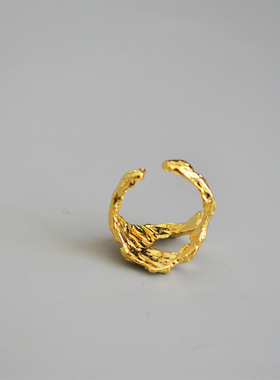 欧美复古做旧仿金色岩石不规则潮人时髦摩登开口戒指食指戒女