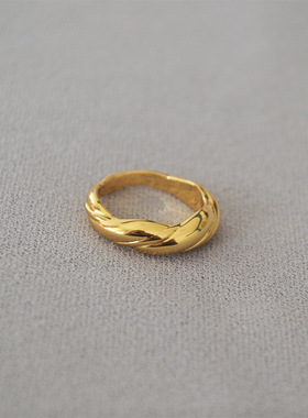设计韩版旋转斜纹线条光面简约质感黄铜镀金戒指食指戒
