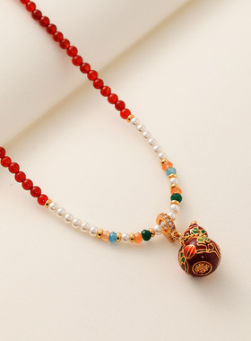 原创新中式红色葫芦天然石串珠项链女复古精致气质百搭长款毛衣链