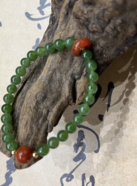 手串玉石女款天然和田碧玉配南红跑环及隔珠红绿撞色款