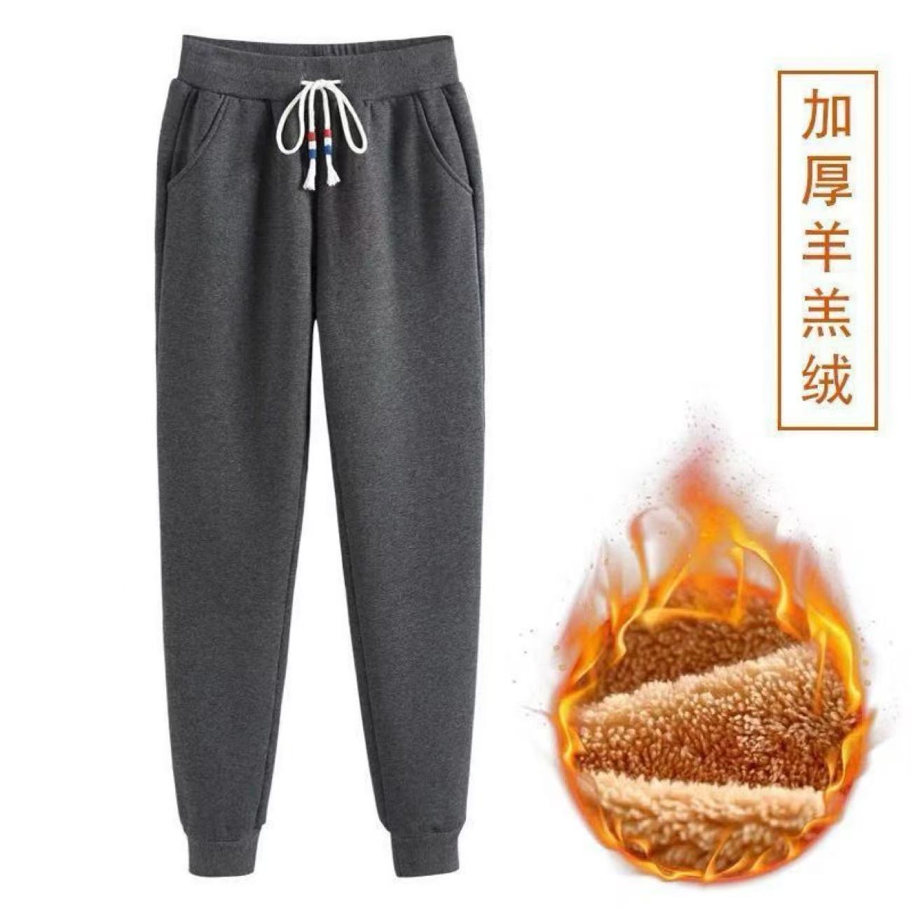 【100纯棉】羊羔绒女加绒加厚保暖休闲长裤高腰束脚卫裤大码女裤 - 图3